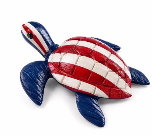 Hand Carved Wooden Sea Turtle Figurine, Rustic Farmhouse Home Decor, Wooden Animal Sculpture, Unique Gift for Sea Turtle Lovers(Vingtage White/Red/Blue Sea Turtle) - color: Vingtage White/Red/Blue Sea Turtle