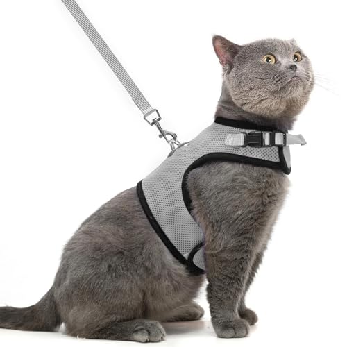PUPTECK Soft Mesh Cat Vest Harness and Leash Set Puppy Padded Pet Harnesses Escape Proof for Cats Small Dogs Rabbits Bunny - color: Grey, size: L(NECK 8.5"-10.5", CHEST 12.5"-15", 6-10 lbs)