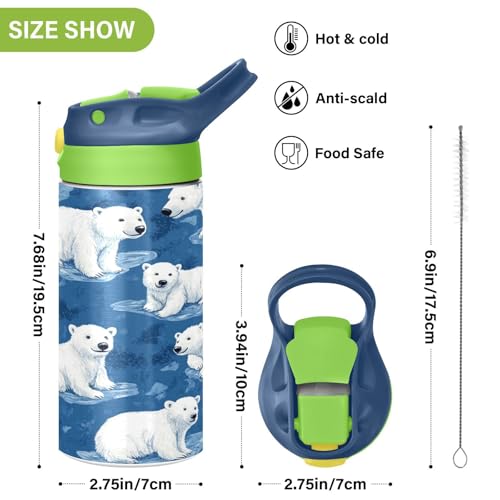 OTVEE Cartoon Polar Bear Kids Water Bottle with Straw Lid 12 oz Insulated Stainless Steel Leakproof Duck Mouth Tumbler Cup for Boys Girls Teen School - color: Cartoon Polar Bear