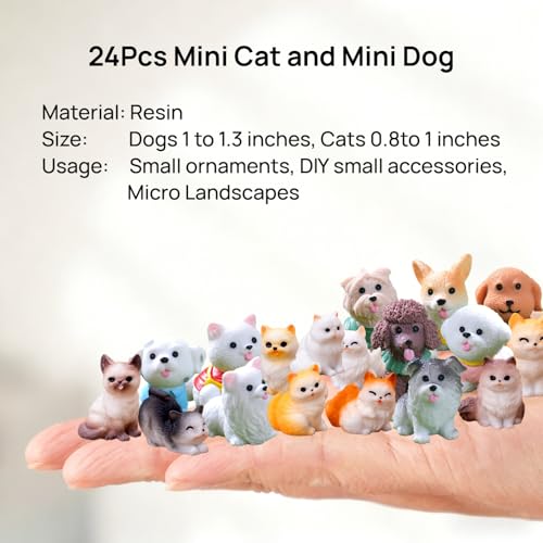 24 Pcs Mini Cat Dog Figurines, Realistic Resin Animal, Miniature Figurines | Hand-Painted Resin Cat & Dog. Ideal For Home Desk Decor, Garden Accents, Birthday Party Favors, Car Decor.