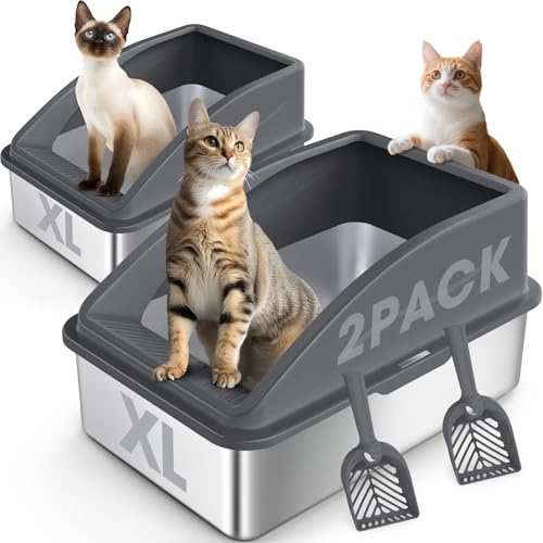 2 Pack Stainless Steel Litter Box | XL Enclosed Cat Litter Boxes with Lid for Big Cats and Multi-Cats | High Sided, Anti-Urine Leakage | Non-Stick Bottom（Dark Gray） - color: Dark Gray, size: X-Large