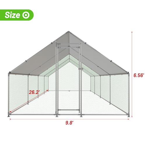 NUGRIART Large Metal Chicken Coop Walk-in Poultry Cage with Water-Resident and Anti-UV Cover Duck Rabbit Cat House Outdoor Chicken Run Pen with Spire Shaped Cage - size: 26.2’L×9.8’W×6.5’H
