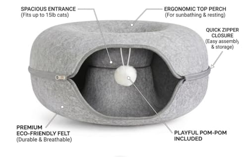 Cat Tunnel Bed - Comfort Bedz Large Donut Cave for Cats, Felt Enclosed Hideaway with Zipper, Top Perch, Interactive Toy, Washable Indoor Cat House