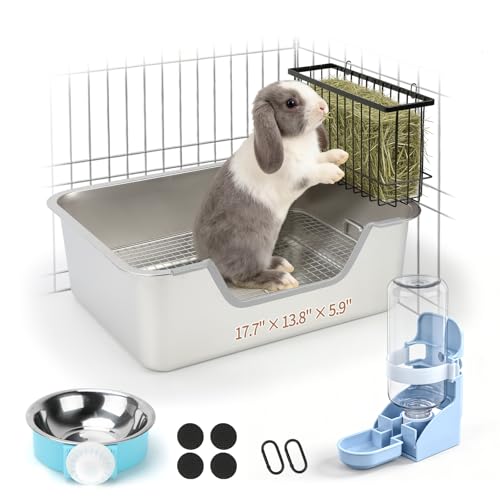 BWOGUE Large Stainless Steel Rabbit Litter Box, Bunny Litter Box with Grid | Raised Grid for Waste Separation, Hay Feeder, Water Dispenser, Easy-Clean Design, Guinea Pigs, Small Animals - size: M:17.7in ×13.8in × 5.9inches