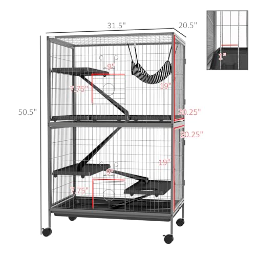PawHut Metal Small Animal Cage, 5-Tiers Rolling Big Ferret Cage, Gray | with Hammock, Removable Tray, for Chinchilla, Sugar Glider - color: Grey, size: 31.5"L x 20.5"W x 50.5"H