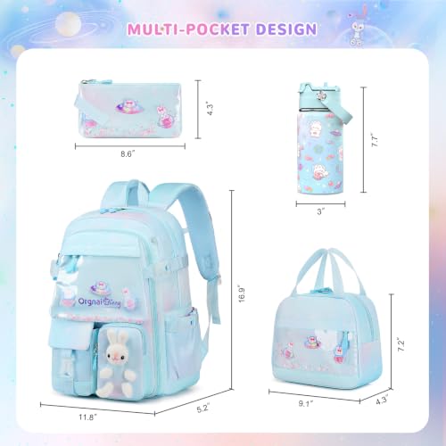 FIXITOK Girls Backpack with 14oz Insulated Water Bottle Set, Kawaii Bunny School Backpack for Girls with Kids Water Bottle Lunch Bag Pencil Case for Kindergarten Elementary Preschool School - color: W-dreamy Aquamarine