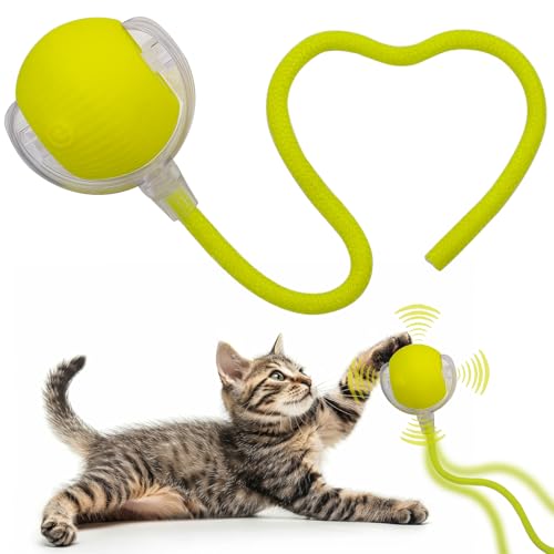 Interactive Cat Dog Toy Ball with LED Light, Automatic Rolling(Yellow) | String Tail and LED Light Design, Motion Activated, Suitable for Interactive Indoor Pet Play and Exercise - color: Yellow