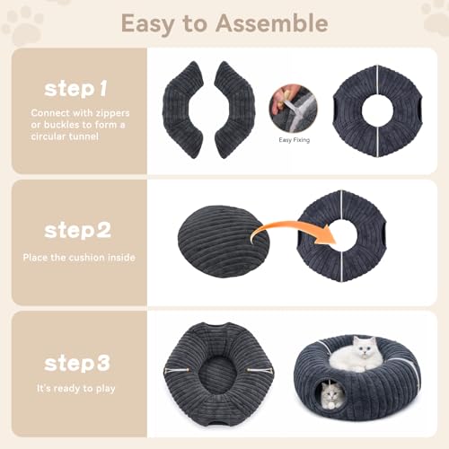 Dogpals Cat Tunnel Bed Cave 33" Lx10 Wx10 H for Indoor Cats | Washable Cozy Cushion, Soft Striped Plush Fabric, Hideaway Peekaboo Cave for Kittens, Puppies, Rabbits & Small Pets - color: Deep Grey