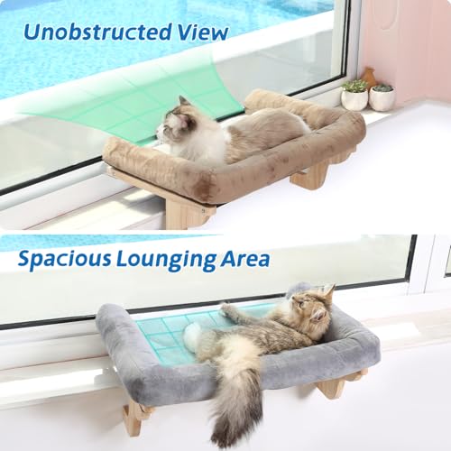 Zakkart Cat Perch for Window Sill with Bolster - Orthopedic Hammock Design with Premium Hardwood & Robust Metal Frame - Cat Window Seat for Large Cats and Kittens - Dark Stained Wood Gray Bed, 24''W - color: Dark Stained Wood with Gray Bed, size: 24''L x