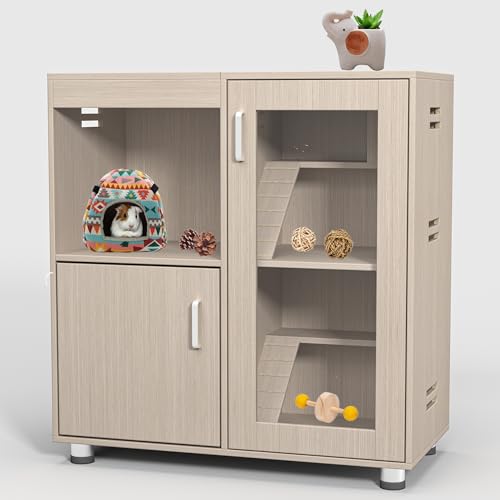 Hamster Cage Rodent Habitat with Acrylic Viewing Windows Openable Top Storage Cabinet Multi Level Wooden Home for Chinchilla Rat Gerbil Guinea Pig Feeding Play Rest Exploration Enclosure (Wood) - color: Wood