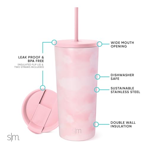Simple Modern Insulated Tumbler with Lid and Straw | Iced Coffee Cup Reusable Stainless Steel Water Bottle Travel Mug | Gifts for Women Men Her Him | Classic Collection | 20oz | Blush Tie Dye - color: Pattern: Blush Tie Dye, size: 20 Ounces