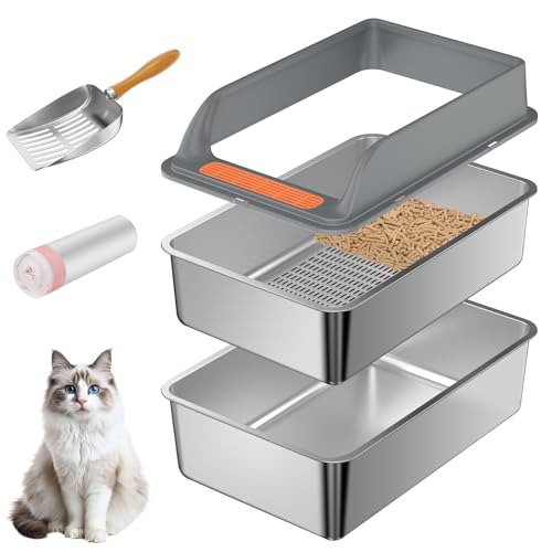 Stainless Steel Sifting Litter Box with Lid, Large Sifting Cat Litter Box for Pine Pellets & Big Cats,Metal Pellet Sifter Litter Pan System for Odor Control,Sifting Box Liners & Scoop - size: L:19.7''×13.8''×10''