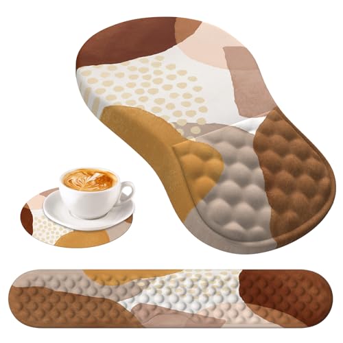 HAOCOO 3-Pcs Ergonomic Desk Pad Set with Wrist Support, Coffee Boho | Memory Foam Keyboard Pad, Smooth Computer Pad Surface, Textured Wrist Cushion, PU Anti-Slip Base, Matching Coaster Included - color: Boho Brown Coffee Tan