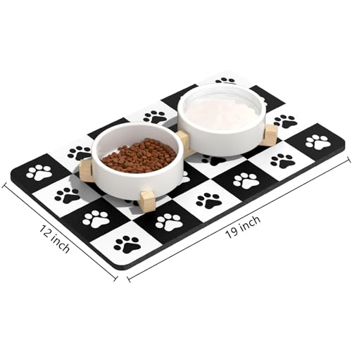 Rnivvi Dog Food Mat, 12" x 19" Footprint Absorbent Dog Cat Bowl Mat for Food and Water, Cute Anti-Slip Rubber Pet Feeding Rug Protect Floors, Puppy Placemat for Feeding & Watering Supplies,Black White - color: A-Black White Footprint, size: 12"x19" (Regul