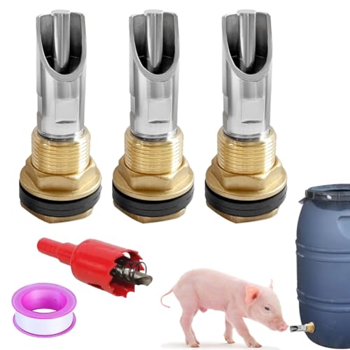 Joywayus 3PCS Stainless Steel Automatic Pig Nipple Water Drinker Feeder Waterer + 3PCS Brass Water Tank Connector Bulkhead Fitting + 1PCS Hole Opener Kit for Sows Piglets Drinking - color: silvery + brass -3pcs