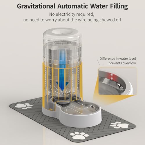 JUNSPOW Cat Water Dispenser with Placemat & Stainless Steel Bowl (4L White) | Automatic Gravity Water Dispenser for Cats or Small Medium Size Dogs, Large Capacity, Easy to Clean - color: White, size: 4L + Mat