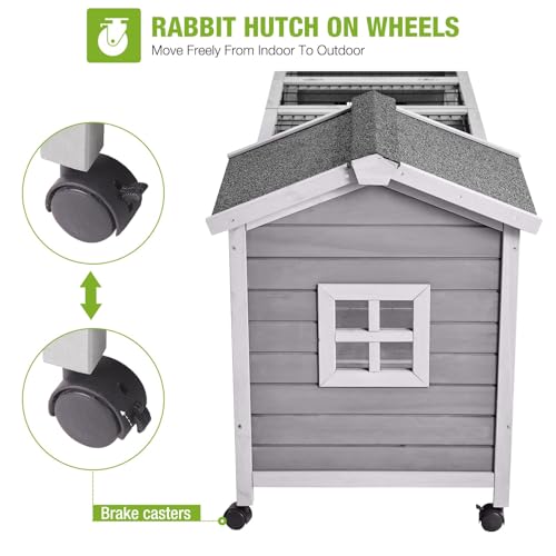 GUTINNEEN Rabbit Hutch Outdoor with Run, Bunny Cage on Wheels, 10.4 ft² Guinea Pig House, No-Leak Pull-Out Trays - size: 80.1"L x 22.8"W x 28.6"H