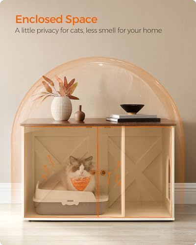 Feandrea Cat Litter Box Enclosure, Litter Box Furniture Hidden with Removable Divider, Indoor Cat House, End Table, 31.5 x 20.9 x 19.7 Inches, Honey Brown and Rustic White UPCL002P01 - color: Honey Brown + Rustic White, size: L (31.5"L x 20.9"W x 19.7"H)