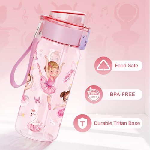Tritan Kids Water Bottle for School, 18.6 Oz Leakproof Toddler Water Bottle | with a Pop-up Detachbale Straw, 2-in-1, Dishwasher Safe, 1-Pack, Ballerina - color: Ballerina