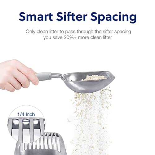 Cat Litter Scoop, Aluminum Alloy Sifter, Kitty Metal Scooper, Deep Shovel, Long Handle, Poop Sifting, Kitten Pooper Lifter, Durable, Heavy Duty, for Litter Box - color: FLAT Aluminum \ #05 Grey Handle, size: Large