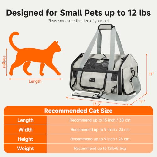 Soft-Sided Travel Cat Carrier with Safety Buckles, Lockable Zippers & Safety Tether, Escape-Proof Collapsible Pet Carrier for Car Rides & Vet Visits, Airline Approved Underseat, Up to 12lbs - color: Grey