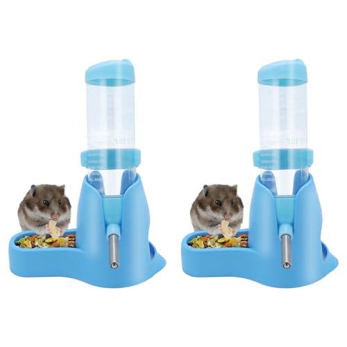 Wontee 3 in 1 Hamster Water Bottle Small Pet Automatic Water Dispenser with Food Container Base Hideout for Dwarf Hamster Mice Gerbils, 2 Pack (Blue, 125ML) - color: Blue, size: 125ML