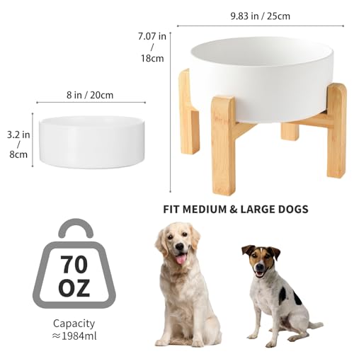 8'' Ceramic Raised Dog Bowl - 70Oz Dog Food & Water Bowl with Elevated Non-Slip Bamboo Stand, Dishwasher & Microwave Safe, Anti Vomiting Heavy Duty Pet Bowl for Medium and Large Dogs, White - color: 1 x Bowl + Stand - White, size: 8 inch