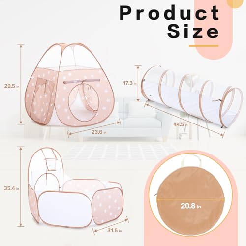 GeerWest 3 in 1 Kids Play Tent: with Baby Ball Pit and Play Tunnel - Children Indoor Outdoor Playhouse with Climbing Tunnel Toy for Toddlers - Boys Girls Birthday Gift for Year Old Child - style: 3pc Brown Ball Pit