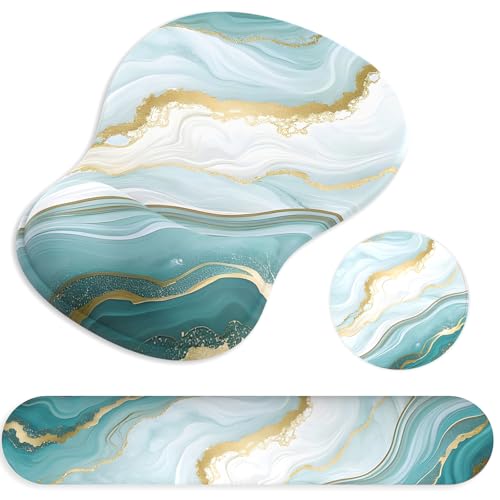 Ergonomic Mouse Pad with Wrist Rest and Keyboard Wrist Rest, Gel Mousepad and Wrist Rest for Computer Keyboard, Pain Relief, Non-Slip PU Base, Mouse Pad Wrist Support for Gaming, Blue Green Marble - color: Cyan Marble