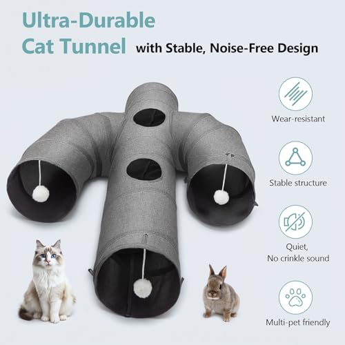 Ownpets Cactus Cat Tunnel 12" with Peek Holes for Indoor Large Cat, Grey | Durable Oxford fabric, noise-free, foldable & connectable, multi-cat friendly, tube for cats up to 20lb, includes ball & wand - size: 12 Inches in Diameter
