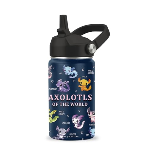 Axolotl Gifts for Girls Boys,12 oz Water Bottle with Straw Lid | Stainless Steel Vacuum Insulated Bottle, Leakproof, Cute Axolotl Cup Gifts for Birthday Holiday - color: Axolotl