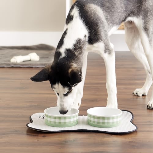 Bone Dry Ceramic Food Bowls, Non-Slip & Dishwasher Safe, Medium Set, 6x2 Desert Sage Check - color: Desert Sage Petite Check, size: Medium Set, 6x2"