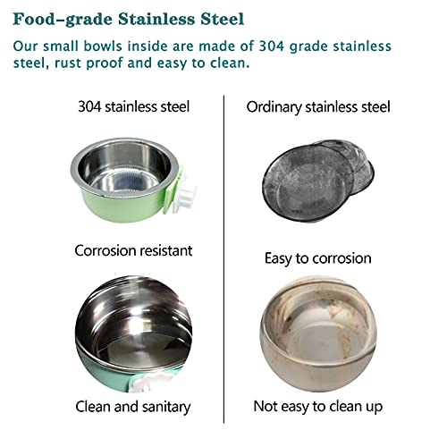 Tfwadmx Crate Dog Bowl Cat Removable Stainless Steel Food and Water Feeder Hanging Cage Bowls Coop Cup with Cleaning Set for Pet Puppy Bird Rat Guinea Pig Ferret Bunny Rabbit 2Pcs - color: Light blue, light green (2 PCS)