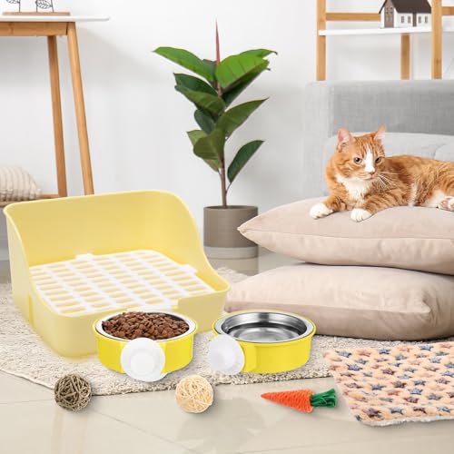 Reallnaive 15 Pcs Rabbit Starter Kit Small Rabbit Litter Box Girls Gift Animal Grooming Kit Bunny Toys Bowl Blankets with Cleaning Set for Guinea Pig Accessories(Blue) - color: Blue