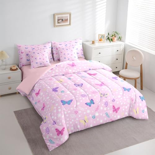 Erosebridal Girls Butterfly Bed in A Bag 7 Pcs Colorful Floral Butterfly Comforter Set for Kids Boys Girls Cute Botanical Flowers Bedding Sets Twin Pink Fairy Princess Style Sheet Set with Comforter - color: Pink, size: Twin