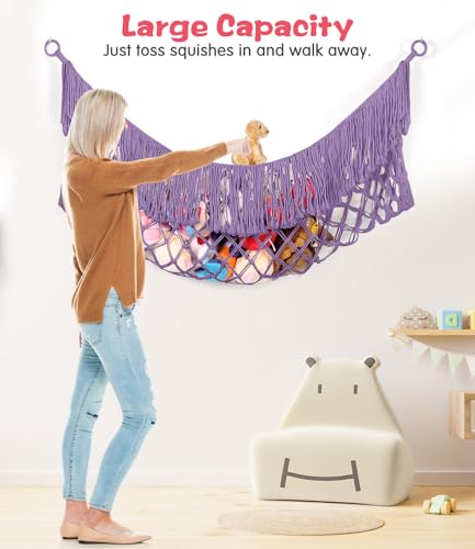 Extra Large Stuffed Animal Net Hammock - [56'' Long/Handwoven Macrame/Lavender] Hammock Storage for Flat Wall, Hardware Included