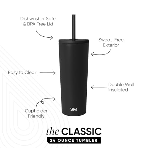 Simple Modern Iced Coffee Tumbler, Insulated | 24oz | Black | Reusable Stainless Steel Cup, Travel Mug, Water Bottle with Straw | Cupholder Friendly & Spill Resistant, Midnight Black - color: - Midnight Black, size: 24 Ounces
