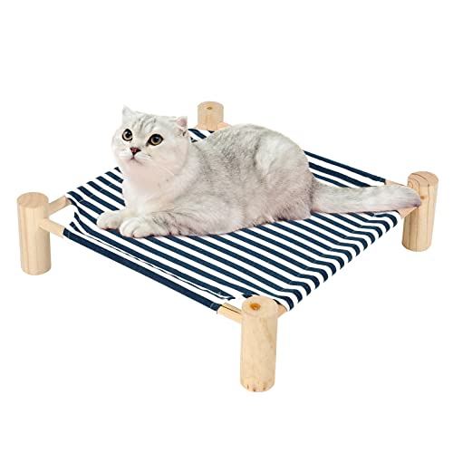 Patas Lague Cat Hammock Bed Small Eleveted Dog Bed 19x19 in Blue Stripe | Brethable Wooden Pet Bed, Cooling Rabbit Cot, Outdoor Cat Furniture For Summer - color: Blue Stripe