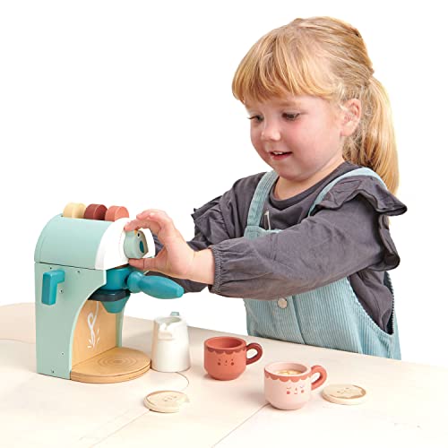 Tender Leaf Toys - Babyccino Maker Wooden Coffee Machine Pretend Food Play Toy with Espresso Capsules and Cups Made Premium Materials Craftsmanship Age 3+