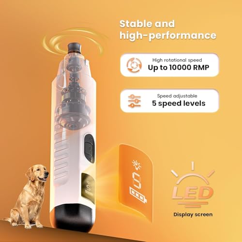 Quiet Pet Nail Grinder with LED Light, 5-Speed Adjustable Dog Nail Grooming Tool for Home Grooming of Small Medium Large Pets, USB Rechargeable