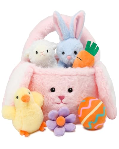 Vposyako 7 Piece Easter Basket Eggs Playset Stuffed Rabbit Chick Lamb Toy Set for Kids Girls Boys Ages 3+ Easter Bunny Basket Plush Sensory Toys Soft Plush Toy for Easter Party Favors - style: Pink Easter Basket
