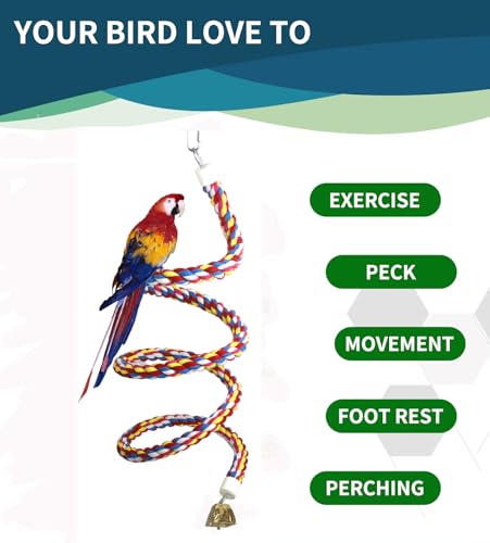 2PCSx 79inch(200cm) Bird Spiral Rope with Golden Bell Perches Birdcage Swing Toys 100% Cotton Natural Bird Perch Peck/Chewing Climbing Standing Bungee Parrot Toys for Regular to Large Size Parrot - size: 79 inches (2 pieces)