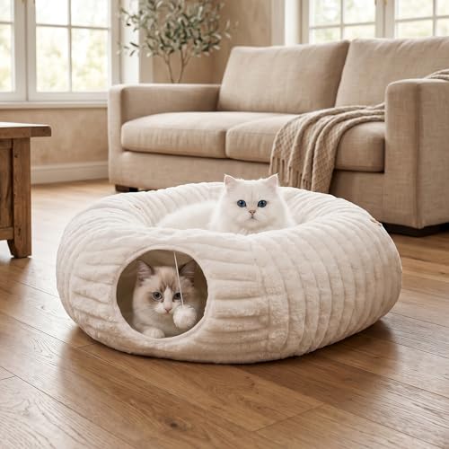 Dogpals Cat Tunnel Bed Cave 33" Lx10 Wx10 H for Indoor Cats (White) | Washable Cozy Cushion, Soft Striped Plush Fabric, Hideaway Peekaboo Cave for Kittens, Puppies, Rabbits & Small Pets - color: White