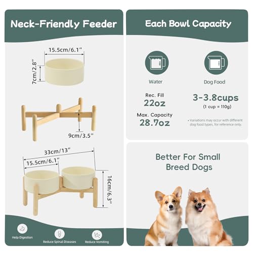 Havniva Elevated Dog Bowls Ceramic Dog Bowls with Stand, Dog Food Bowl | 6.1” Raised Dog Bowls with Non-Slip Wood Stand, Dog Food and Water Bowl Set, Double Dog Feeding Bowls for Small & Medium Dogs - color: 2 Bowls+Stand - Light Yellow, size: 6.1inch
