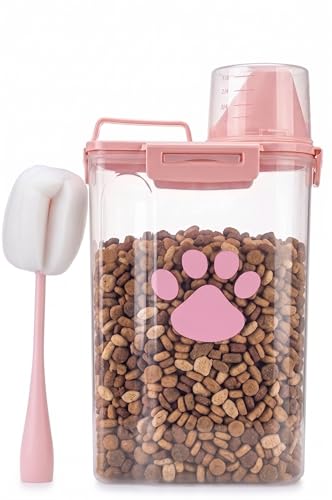 Dog Storage Container with Cleaning Brush and Measuring Cup | Airtight Portable Pet Food Containers with Upgraded Large Spout and Cup for Dogs,Cats,Birds,Small Animals(Pink) - color: 3QT-Pink