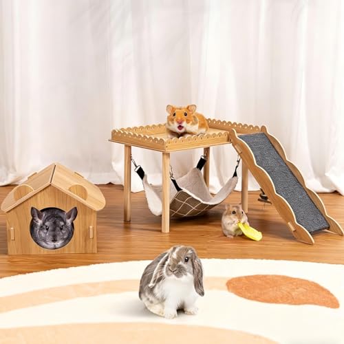 3-in-1 Guinea Pig Hideout, Large Wooden Guinea Pig House | with Stairs, Hammock, Mat, and Chew Toys, Suitable for Small Rabbits, Guinea Pigs, Hamsters, and Other Rodents