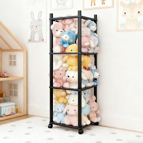 Stuffed Animal Zoo Storage with Lockable Wheels, Black | Sturdy Solid Wood Toy Organizer, Large Capacity Plush Toy Cage, Space-Saving for Toddler/Playrooms/Bedrooms - color: Black