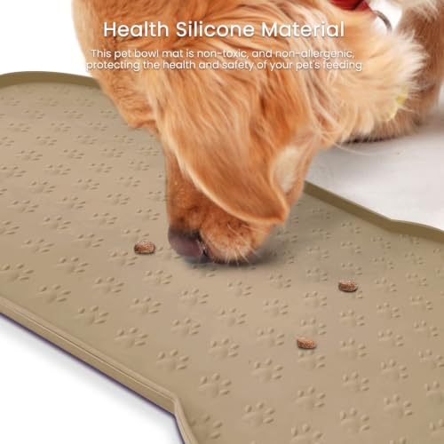 PWTAA Dog Food Mat Anti-Slip Silicone Dog Bowl Mat Thicker Pet Placemat Waterproof Cat Feeder Pad with Raised Edge Puppy Kitten Feeding Mats Suitable Small Medium-Sized Dogs Cats Eating Tray - 2PCS - color: Khaki, size: 19.4" x 9.8"-2PCS