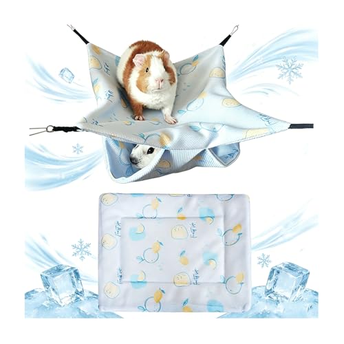 SEIS 2PCS Cooling Small Pet Hammock & Mat Set, Ice Silk Summer Cage Hanging Bed for Guinea Pig Hamster Chinchilla Rabbit, Cute Strawberry Lemon Print Breathable Pet Rest Bed (Blue) - color: Blue