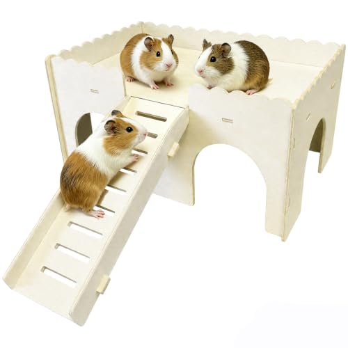 Wooden Guinea Pig House, 2-Tier Hamster Hideout with Anti-Slip Ramp, Large Small Animal House Habitat for Bunny Chinchilla Dwarf Rabbit, Tool-Free Assembly Climbing Toy Castle